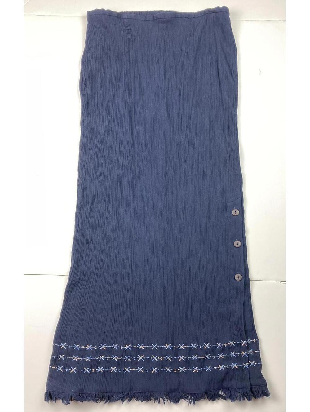 Norton McNaughton Crinkle Maxi Skirt Embroidered Hem Navy Women’s Size M
